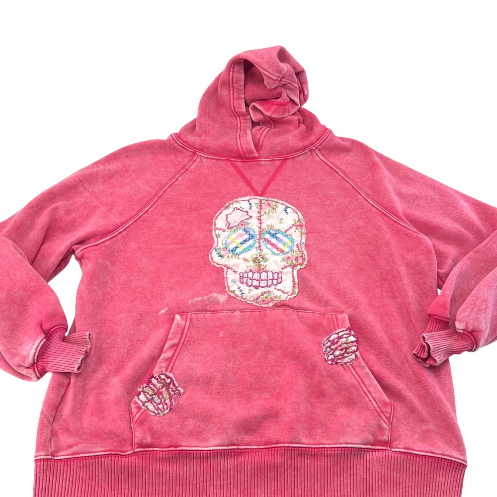 Zenana Pink Mineral Wash Upcycled Handstitched Sugar Skull Hoodie Sweatshirt M